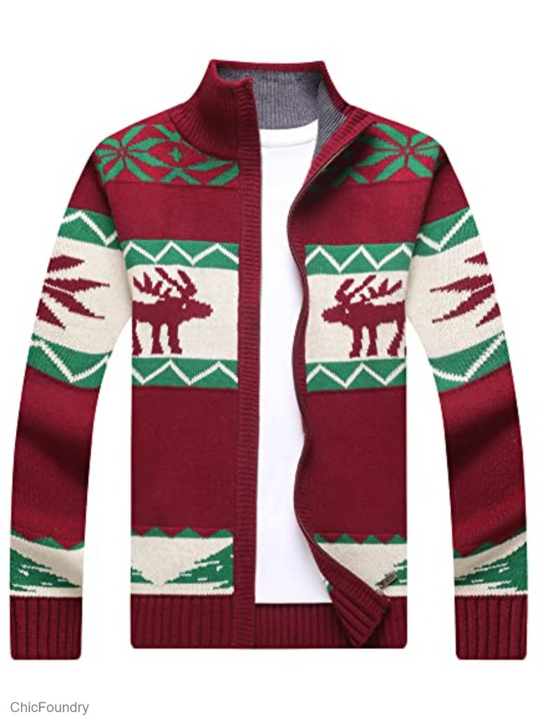 Men's Stand Collar Cable Knit Full Zip Cardigan Sweater With Snowflake Pattern